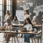 Grupo diverso de emprendedoras en un espacio de coworking moderno, laptops y pizarras digitales de fondo.