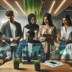 Equipo diverso de emprendedores analizando prototipos digitales en un espacio de coworking moderno, rodeados de plantas y pantallas con gráficos verdes.