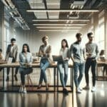 Grupo diverso de jóvenes emprendedores colaborando en un espacio de coworking moderno y tecnológico.