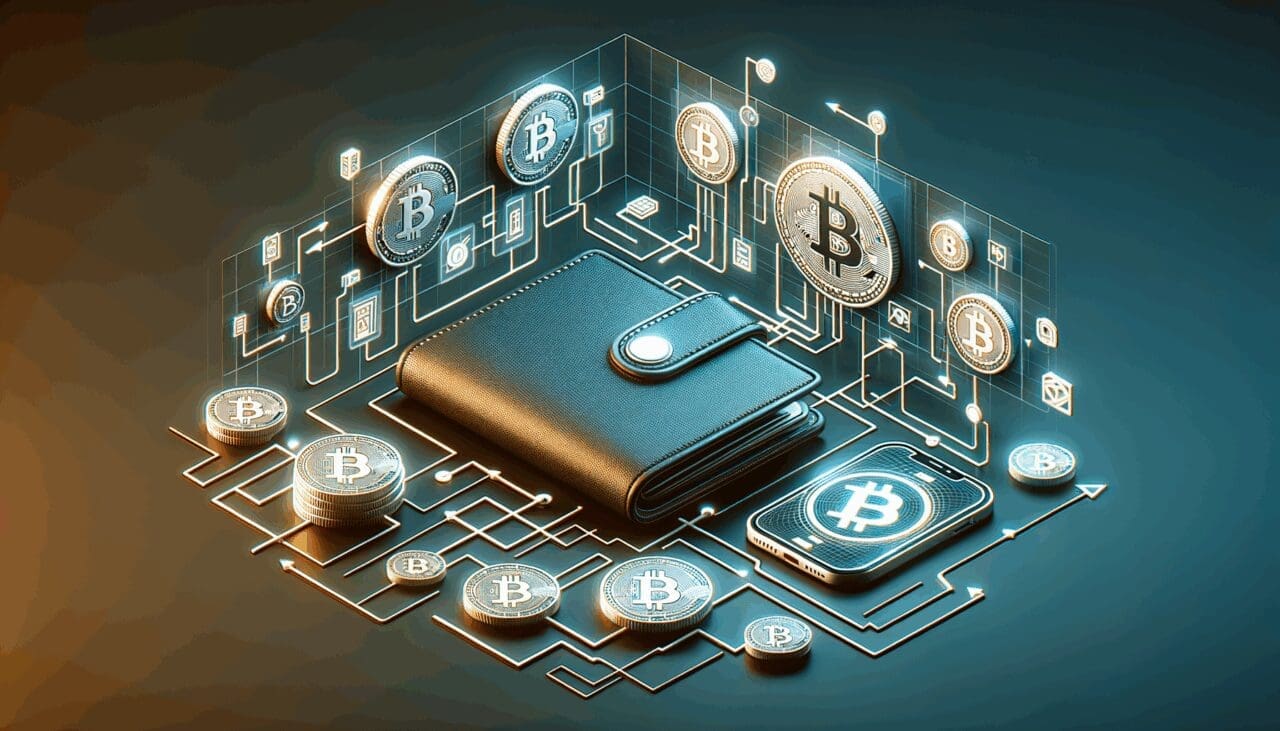 Gráfico digital de billeteras cripto y flujos de activos sobre un fondo oscuro y moderno.