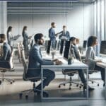 Oficinas modernas con emprendedores trabajando frente a computadoras