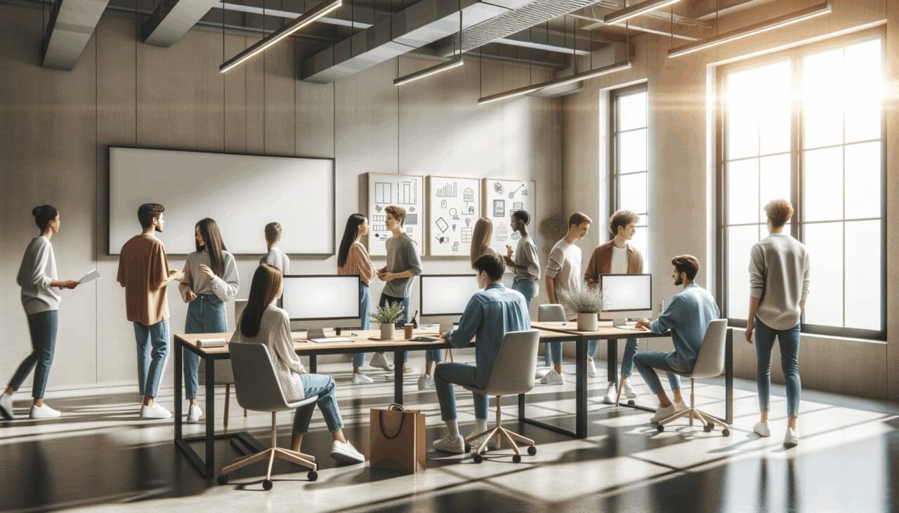 Personas jóvenes colaborando en un espacio de coworking moderno con pantallas y pizarras en un ambiente luminoso.