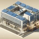 Fotografía de un edificio inteligente moderno con paneles solares y áreas tecnológicas, vista diurna y ambiente corporativo.