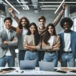 Grupo diverso de jóvenes emprendedores celebrando en un entorno universitario moderno, con laptops y pizarras digitales al fondo.
