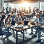 Oficinas modernas de tecnología con jóvenes emprendedores colaborando en laptops