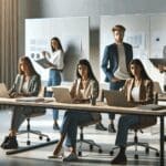 Emprendedores jóvenes trabajando en una oficina moderna con pizarras digitales y laptops.