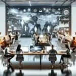 Oficina moderna con computadores portátiles encendidos y personas colaborando en un ambiente dinámico de tecnología.