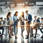 Grupo diverso de jóvenes emprendedores revisando datos en una oficina luminosa con pantallas digitales de mapas y gráficos turísticos.