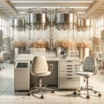 Laboratorio moderno con biorreactores y muestras orgánicas, ambiente tecnológico y sostenible.