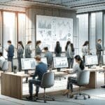 Ilustración de un equipo de jóvenes desarrolladores trabajando en una oficina moderna con pantallas mostrando gráficos y datos de propiedades inmobiliarias.