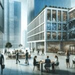 Edificios modernos y personas colaborando en espacios de coworking, ambiente tecnológico y urbano.