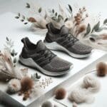 Zapatos deportivos sobre fondo blanco, materiales naturales como plantas y fibras a su alrededor, en una composición limpia y moderna.