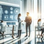 Profesionales colaborando en laboratorio moderno de tecnología médica, ambiente luminoso y corporativo.