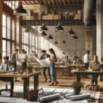 Sala de trabajo moderna con jóvenes profesionales analizando planos y laptops, fondo cálido e industrial.