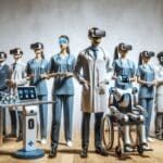 Espacio moderno con profesionales usando visores de realidad virtual y robots asistiendo tareas médicas.