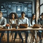 Emprendedores trabajando en laptops en un espacio moderno, pantalla mostrando datos de ciberseguridad.