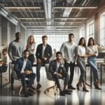 Fotografía editorial de emprendedores colaborando en un moderno espacio de coworking, tecnología visible en el ambiente.