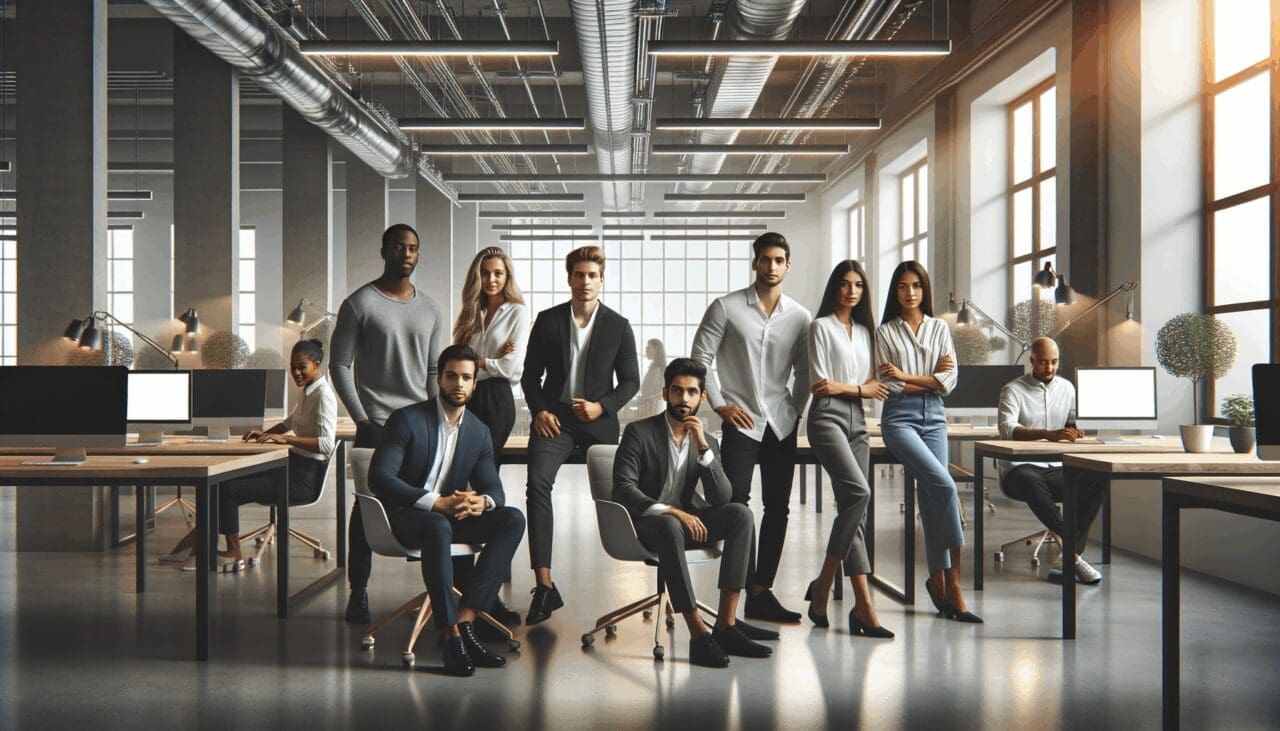 Fotografía editorial de emprendedores colaborando en un moderno espacio de coworking, tecnología visible en el ambiente.
