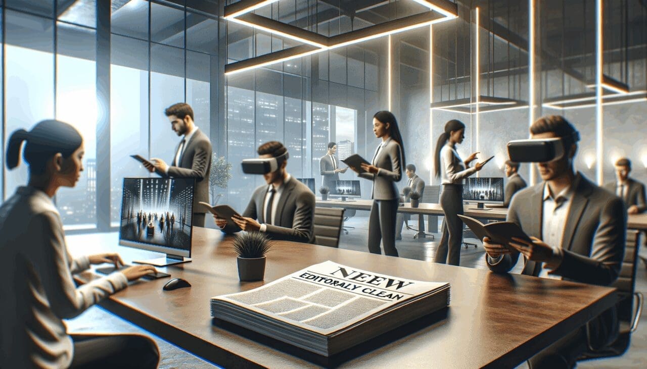 Oficina moderna con personas colaborando frente a pantallas digitales y elementos de realidad extendida.