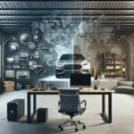 Ambiente interior de un garaje moderno transformado en espacio habitable, con detalles tecnológicos y escritorio de trabajo.