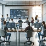 Sala moderna de startups con jóvenes programadores colaborando frente a pantallas y gráficos de datos.