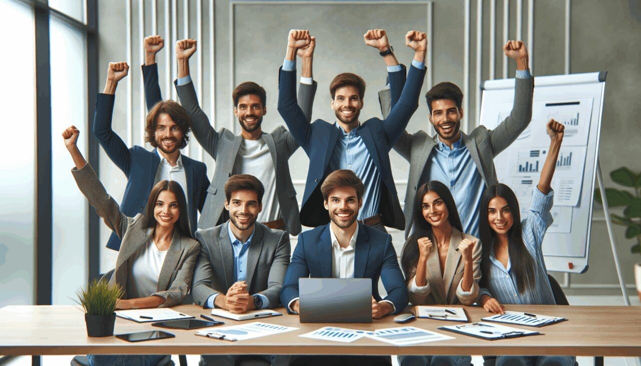 Grupo de jóvenes emprendedores en una sala de reuniones moderna, con laptops y pizarras, celebrando buenas noticias de inversión.