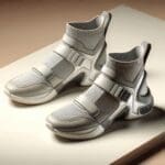 Primer plano de zapatos ergonómicos modernos sobre fondo neutro con iluminación suave