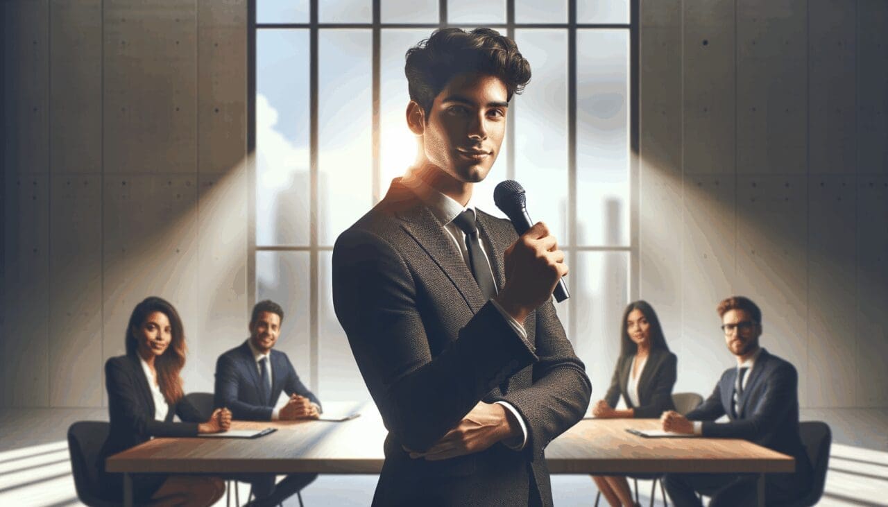 Retrato de un emprendedor joven presentando una innovadora idea ante un panel en un entorno tecnológico moderno.
