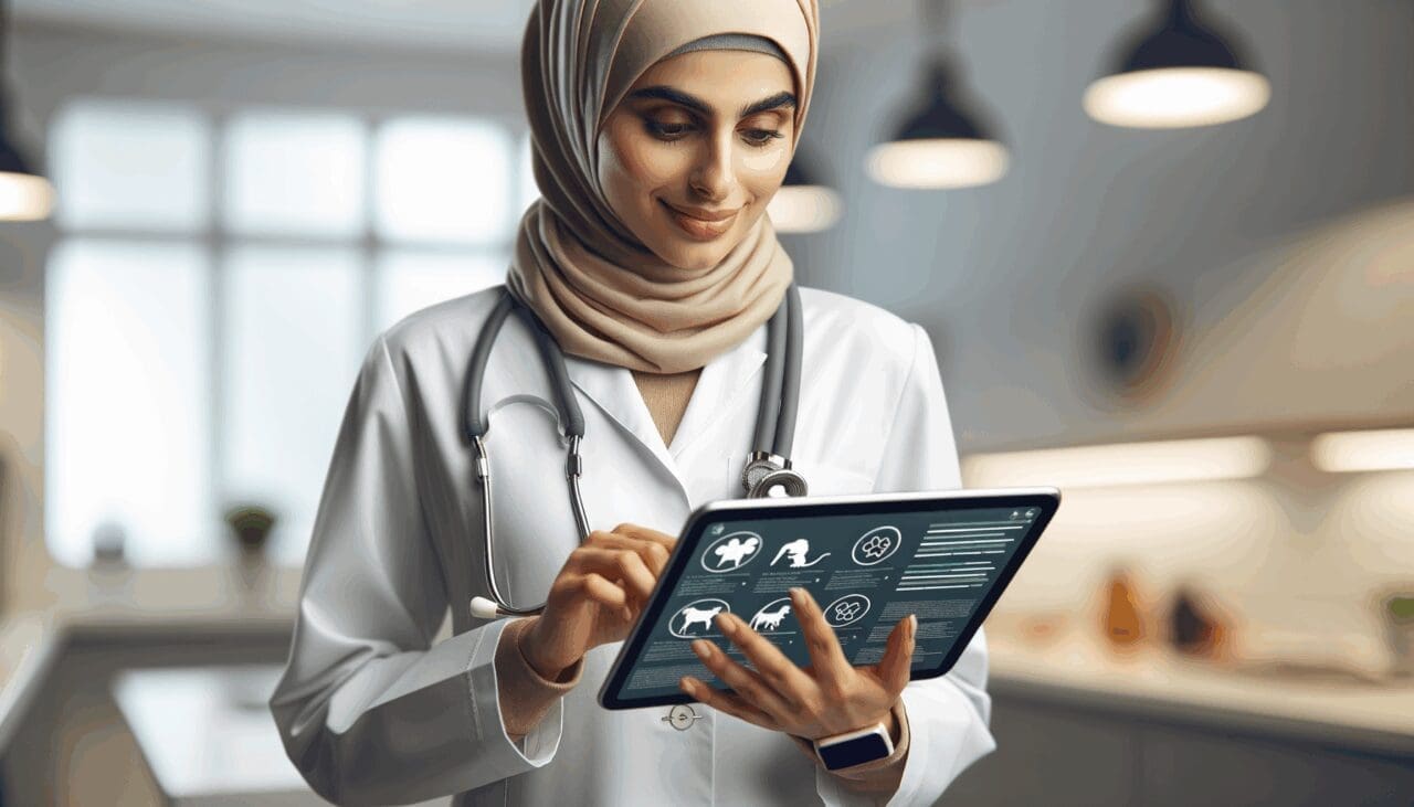 Primer plano de un veterinario usando una tablet con gráficos y datos sobre mascotas en una clínica moderna.