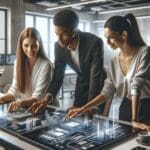Representación de jóvenes emprendedores colaborando en un espacio moderno con ambiente tecnológico.