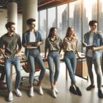 Jóvenes empresarios y empresarias colaborando en un moderno espacio de coworking con vistas a una ciudad vibrante.