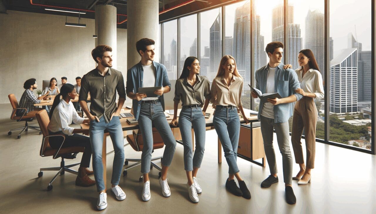 Jóvenes empresarios y empresarias colaborando en un moderno espacio de coworking con vistas a una ciudad vibrante.