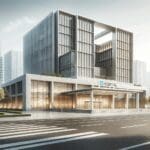 Fachada moderna de un hospital en un entorno urbano asiático, con luz natural y arquitectura tecnológica.