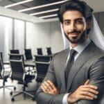 Retrato corporativo de un emprendedor tecnológico en una sala de reuniones moderna.