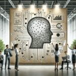 Ilustración abstracta de inteligencia artificial conectando piezas de código en un entorno de startup moderno.