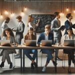 Grupo de jóvenes emprendedores trabajando en un espacio de coworking moderno con laptops y pizarras digitales.