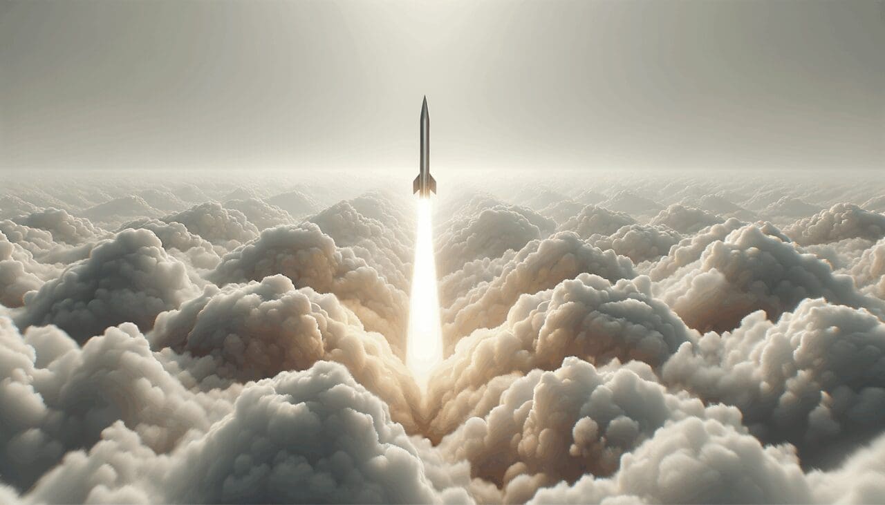 Misil hipersónico despegando entre nubes, fondo tecnológico y ambiente futurista.
