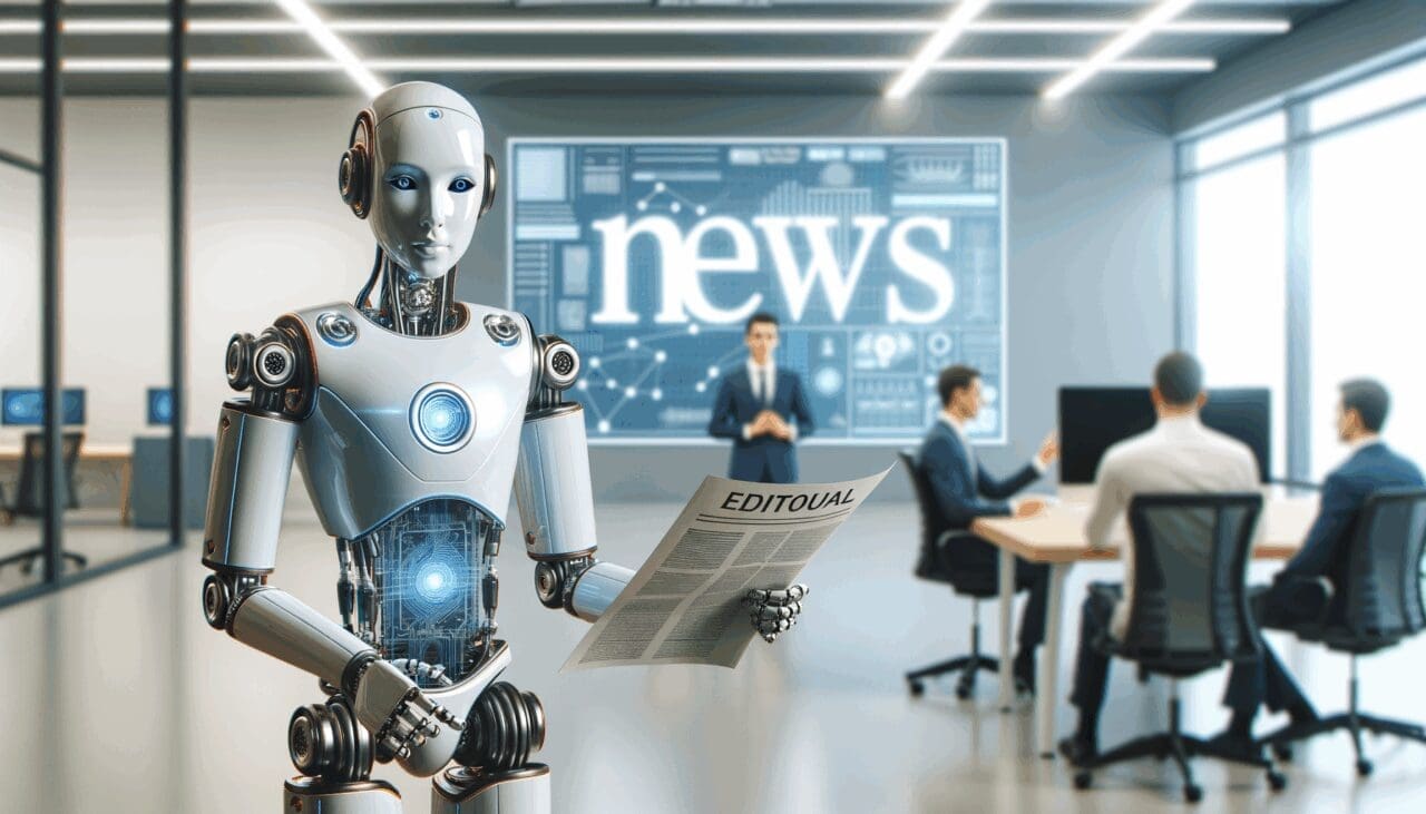 Robot futurista en un ambiente de oficina, destacando la tecnología avanzada de IA.