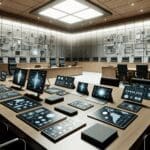 Sala de juzgado moderna con equipos tecnológicos sobre la mesa, ambiente corporativo.