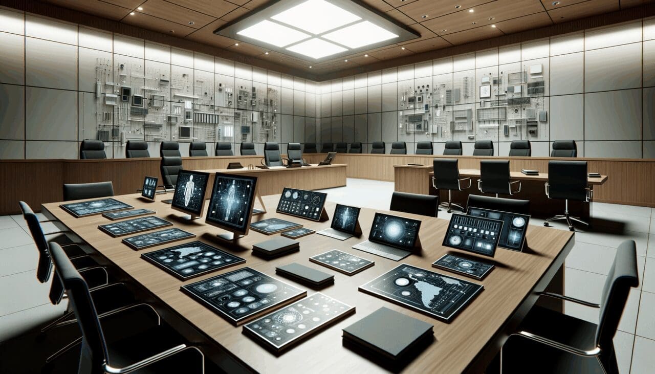 Sala de juzgado moderna con equipos tecnológicos sobre la mesa, ambiente corporativo.