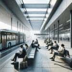 Fotografía de un terminal de autobuses moderno con pasajeros usando sus dispositivos móviles.