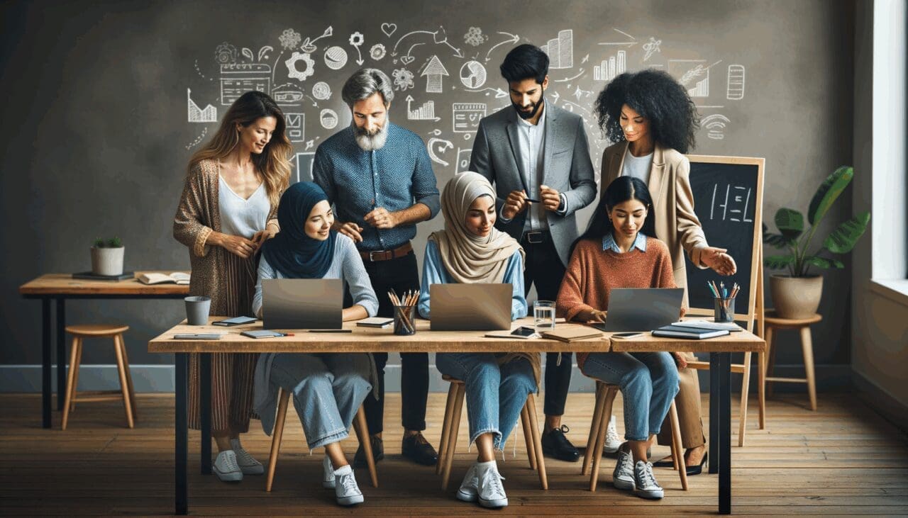 Grupo diverso de jóvenes emprendedores colaborando en un espacio de coworking contemporáneo con pizarras y laptops.