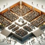 Vista aérea de un auditorio moderno con emprendedores presentando sus startups