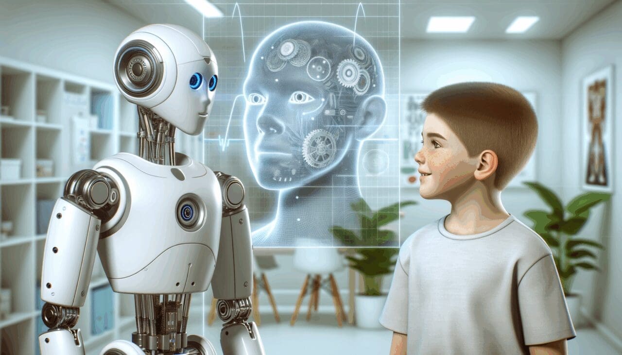 Primer plano de un robot humanoide interactuando con un niño en un entorno clínico moderno y luminoso.