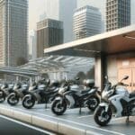 Motocicletas alineadas en una estación de alquiler urbana, calles modernas de fondo