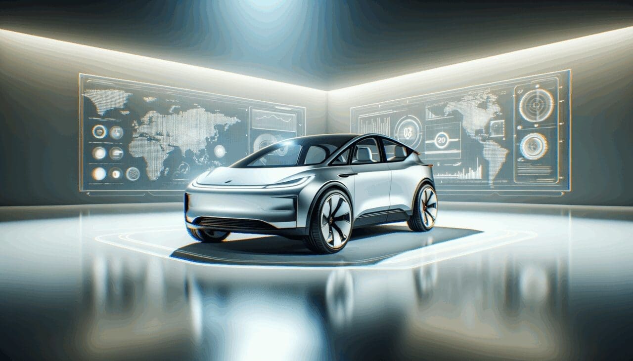 Prototipo de coche eléctrico en exhibición en un espacio tecnológico moderno.