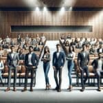 Grupo diverso de jóvenes emprendedores celebrando en un auditorio moderno, con ambiente profesional y tecnológico.