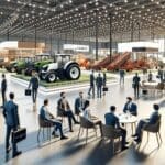Perspectiva interior de un salón de exposiciones moderno con puestos de tecnología agrícola y personas dialogando activamente.