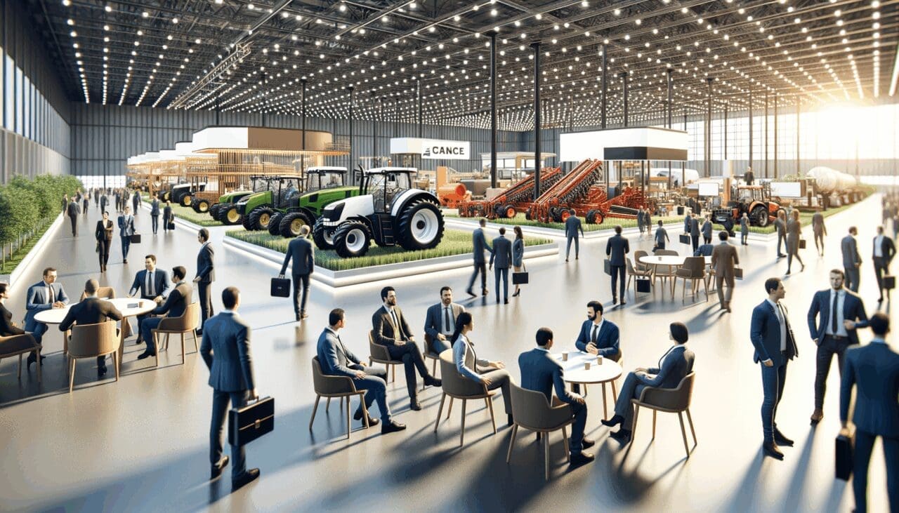 Perspectiva interior de un salón de exposiciones moderno con puestos de tecnología agrícola y personas dialogando activamente.