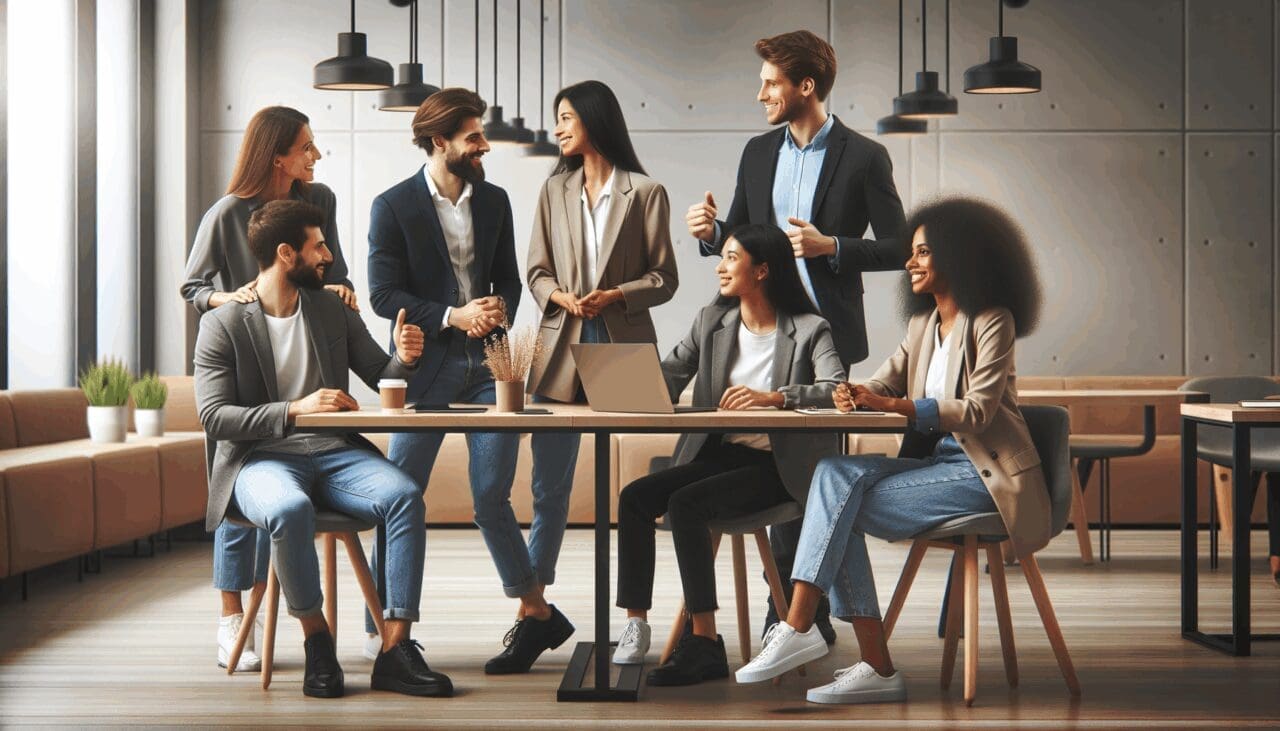 Emprendedores colaborando en un moderno espacio de coworking, tecnología de fondo.